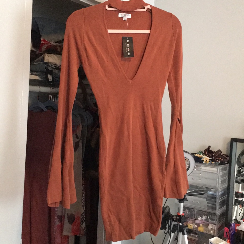 Rust colored VNeck sweater dress
